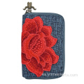 Cartera larga con cremallera y bordado hecho a mano floral étnico